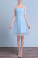 Blue Slim Strapless Linking Mesh Butterfly Knot Back Dress for Formal Bridesmaid