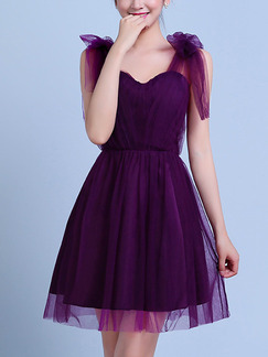 Purple Slim Strapless Linking Mesh Butterfly Knot Back Above Knee Dress for Formal Bridesmaid