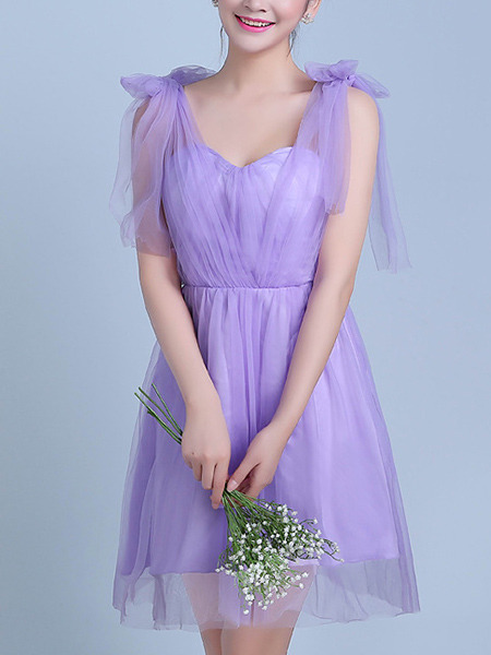 Violet Slim Strapless Linking Mesh Butterfly Knot Back Above Knee Dress for Formal Bridesmaid