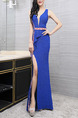 Blue Knitting Slim Linking Ribbon V Neck Furcal Over-Hip Dress for Formal Cocktail Evening
