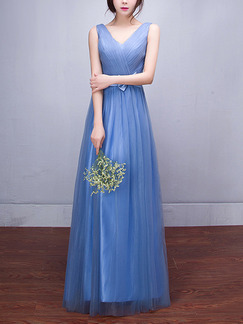 Blue Plus Size Slim A-Line Mesh Pleated Butterfly Knot Cross V Neck Straps Back Dress for Bridesmaid Prom