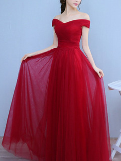 Red Plus Size Slim A-Line Off-Shoulder V Neck Open Back Straps Back Dress for Bridesmaid Prom