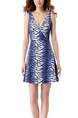 Blue and White Slim A-Line Cross V Neck Leopard Open Back Dress for Cocktail Prom Bridesmaid
