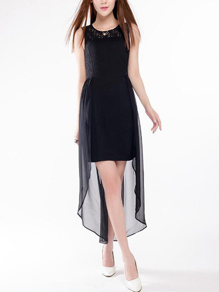 Black Plus Size Slim Linking Chiffon Lace Round Neck Cutout Back Over-Hip Asymmetrical Hem Dress for Cocktail Party Evening