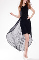 Black Plus Size Slim Linking Chiffon Lace Round Neck Cutout Back Over-Hip Asymmetrical Hem Dress for Cocktail Party Evening