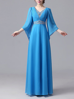 Blue Chiffon Plus Size Slim Rhinestone V Neck Flare Sleeve   Dress for Cocktail Party Evening Bridesmaid Prom