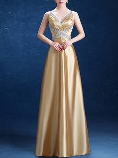 Golden Plus Size Slim Rhinestone V Neck Sling Open Back  Satin Dress for Cocktail Bridesmaid Prom