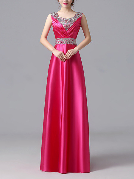 Rose Red Plus Size Slim Rhinestone Pleated Square Neck Satin Dress for Cocktail Party Evening Bridesmaid Prom