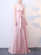 Pink Slim Satin Maxi Cross V Neck Hang Neck Band Open Back Over-Hip Dress for Bridesmaid Prom Ball