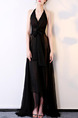 Black Slim Maxi See-Through Cross V Neck Hang Neck Band Open Back Zipper Back Asymmetrical Hem Dress for Bridesmaid Prom Ball