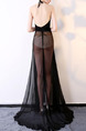 Black Slim Maxi See-Through Cross V Neck Hang Neck Band Open Back Zipper Back Asymmetrical Hem Dress for Bridesmaid Prom Ball