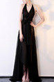 Black Slim Maxi See-Through Cross V Neck Hang Neck Band Open Back Zipper Back Asymmetrical Hem Dress for Bridesmaid Prom Ball