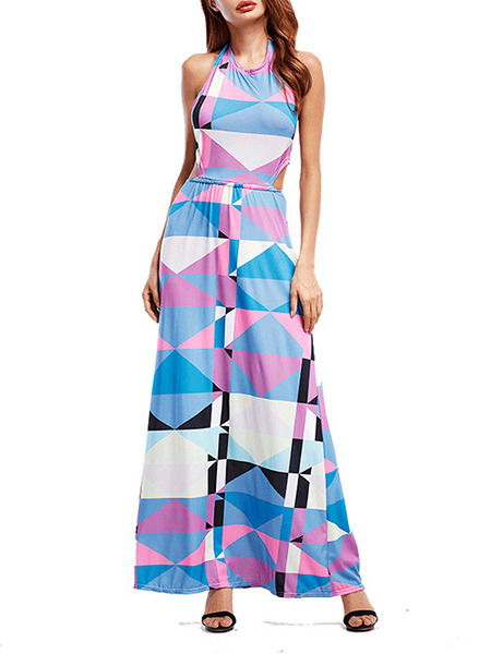 Pink and Blue Colorful Slim Contrast Printed Hang Neck Adjustable Waist Open Back  Dress for Cocktail Party Evening