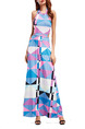 Pink and Blue Colorful Slim Contrast Printed Hang Neck Adjustable Waist Open Back  Dress for Cocktail Party Evening
