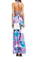 Pink and Blue Colorful Slim Contrast Printed Hang Neck Adjustable Waist Open Back  Dress for Cocktail Party Evening