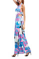 Pink and Blue Colorful Slim Contrast Printed Hang Neck Adjustable Waist Open Back  Dress for Cocktail Party Evening