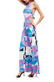Pink and Blue Colorful Slim Contrast Printed Hang Neck Adjustable Waist Open Back  Dress for Cocktail Party Evening