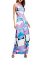 Pink and Blue Colorful Slim Contrast Printed Hang Neck Adjustable Waist Open Back  Dress for Cocktail Party Evening