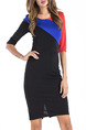 Black Blue and Red Slim Contrast Round Neck Over-Hip Zipper Back Furcal Back Above Knee Bodycon Dress for Cocktail Party Evening
