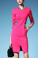 Pink Black and White Slim Contrast Linking Over-Hip Stand Collar Zipper Furcal Front Sheath Above Knee Dress for Casual Office
