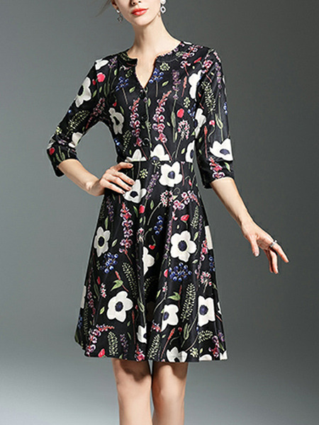 Black Red and White Plus Size Slim Printed A-Line V Neck Buttons Floral Above Knee Dress for Casual