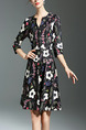 Black Red and White Plus Size Slim Printed A-Line V Neck Buttons Floral Above Knee Dress for Casual
