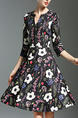 Black Red and White Plus Size Slim Printed A-Line V Neck Buttons Floral Above Knee Dress for Casual
