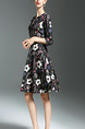 Black Red and White Plus Size Slim Printed A-Line V Neck Buttons Floral Above Knee Dress for Casual