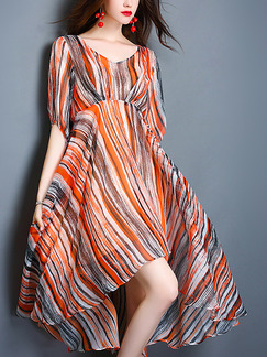 Orange White and Black Chiffon Contrast Stripe V Neck Asymmetrical Hem Dress for Casual