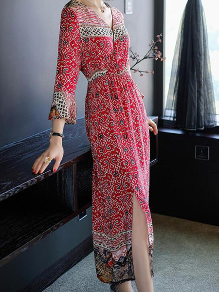 Red Black and White Plus Size Slim Cross V Neck Flare Sleeve Furcal Front Adjustable Waist Maxi Dress for Casual Beach