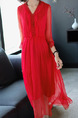Red Slim Lace V Neck Adjustable Waist Midi Dress for Casual Party
