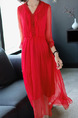 Red Slim Lace V Neck Adjustable Waist Midi Dress for Casual Party