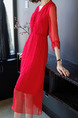 Red Slim Lace V Neck Adjustable Waist Midi Dress for Casual Party