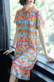 Blue and Orange Colorful Plus Size H-Shaped Printed Band Furcal Side Knee Length Dress for Casual
