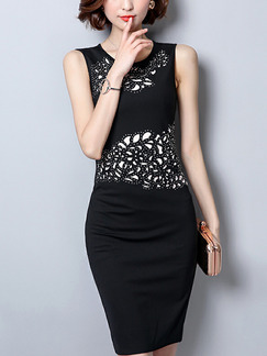 Black Plus Size Slim Cutout Round Neck Over-Hip Zipper Back Bodycon Knee Length Dress for Casual Party Office Evening