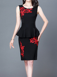 Red and Black Plus Size Slim Seem-Two Round Neck Ruffle Zipper Back Embroidery Over-Hip Knee Length Bodycon Dress for Casual Party Office Evening