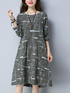 Grey Plus Size Loose A-Line Printed Round Neck Pockets Long Sleeve Shift Knee Length Dress for Casual