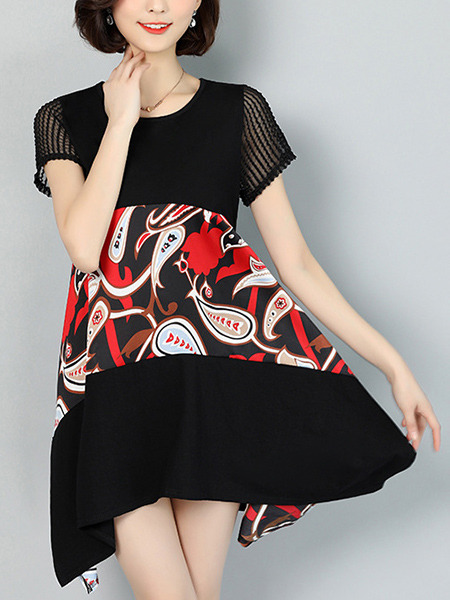 Black Red and White Plus Size Loose Round Neck Located Printing Asymmetrical Hem Above Knee Dress for Casual Party