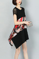 Black Red and White Plus Size Loose Round Neck Located Printing Asymmetrical Hem Above Knee Dress for Casual Party
