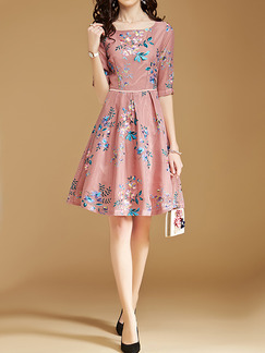 Pink and Blue Plus Size Slim A-Line Round Neck Embroidery High-Waist Fit & Flare Knee Length Dress for Casual Party Office