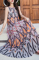 Colorful Loose Sling A-Line Printed Round Neck Band Midi Dress for Casual Beach
