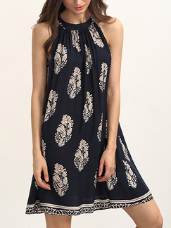 Blue Loose A-Line Printed Hang Neck Buttons Back Halter Shift Above Knee Dress for Casual Party