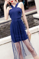 Blue Slim Linking Mesh Over-Hip See-Through Hang Neck Open Back Midi Dress for Cocktail Party