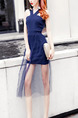 Blue Slim Linking Mesh Over-Hip See-Through Hang Neck Open Back Midi Dress for Cocktail Party