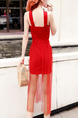 Red Slim Linking Mesh Over-Hip See-Through Hang Neck Open Back Midi Dress for Cocktail Party