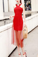 Red Slim Linking Mesh Over-Hip See-Through Hang Neck Open Back Midi Dress for Cocktail Party