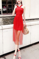 Red Slim Linking Mesh Over-Hip See-Through Hang Neck Open Back Midi Dress for Cocktail Party