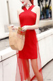 Red Slim Linking Mesh Over-Hip See-Through Hang Neck Open Back Midi Dress for Cocktail Party