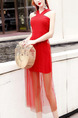 Red Slim Linking Mesh Over-Hip See-Through Hang Neck Open Back Midi Dress for Cocktail Party