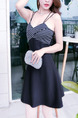 Black and White Slim A-Line Linking Stripe Sling Strapless Open Back Above Knee Fit & Flare Dress for Casual Party